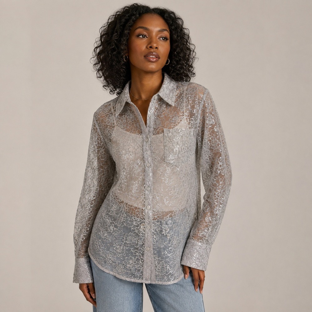 Anthropologie Lace Metallic Button Down Womens Silver Large Sheer Floral Shirt
